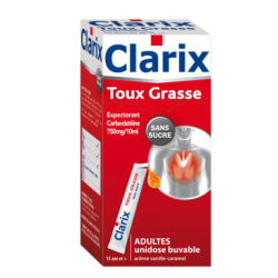 Clarix Expectorant Carbocisteine 750Mg/10ml Adultes Sans Sucre Solution Buvable 15 Sachets 