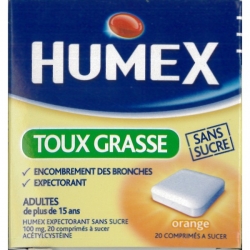 Humex expectorant sans sucre 100mg 20 comprimés à sucer à l'orange