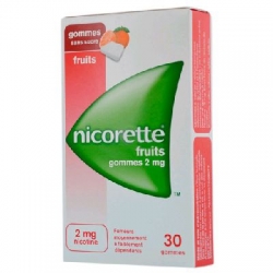 Nicorette fruits 2mg sans sucre 30 gommes à mâcher médicamenteuse édulcorée au xylitol et à l'acésulfame potassique